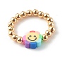 Brass Beaded Stretch Rings, with Handmade Polymer Clay Beads and Elastic Crystal Thread, Flower with Smile