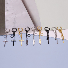 Punk Stainless Steel Chain Earrings with Cross Feather Cone Tassel Pendant