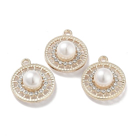 ABS Imitation Pearl Bead Pendants, with Alloy and Crystal Rhinestone, Cadmium Free & Lead Free, Flat Round Charm