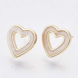 Brass Stud Earring Findings, with Shell and Loop, Nickel Free, Heart, Creamy White