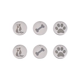 6 шт 3 стили 304 подвески из нержавеющей стали для домашних животных, лазерная резка, плоско-круглые
