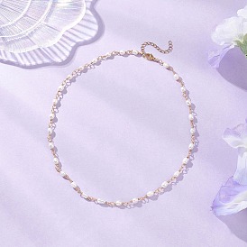 Ожерелья из цепочек из натурального жемчуга и рисовых бусин и медной проволоки, с 304 концевыми цепями из нержавеющей стали, белые