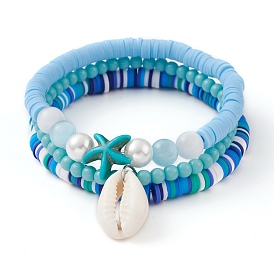 3pcs 3 styles perles heishi en argile polymère ensembles de bracelets empilables extensibles, avec des perles oeil de chat, perles d'étoiles de mer turquoises synthétiques et perles de coquillages cauris naturels