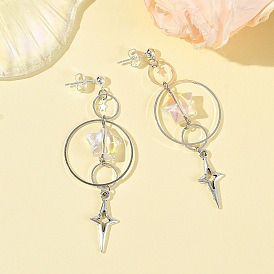 Glass & Brass Dangle Stud Earrings, Star, 304 Stainless Steel Stud Earrings for Women