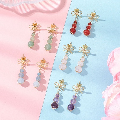 Серьги-гвоздики с подвесками в виде банта из драгоценных камней, с фурнитурой латунной для серег, золотые