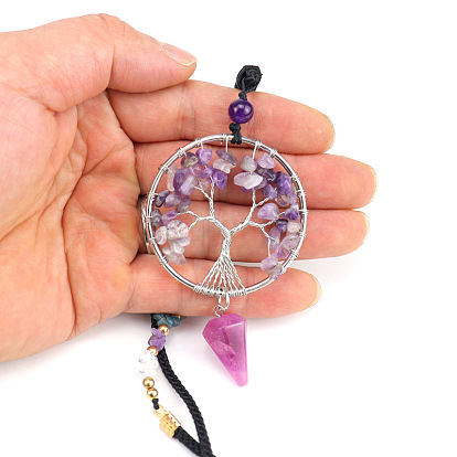 Chakra Themed Natural & Synthetic Mixed Gemstone Chips Beaded Tree of Life Pendant Necklaces, Platinum Brass Wire Wrap Pendant Necklace