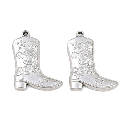 304 Stainless Steel Pendants, Western Style Cowboy Boot with Flower Pattern Charms