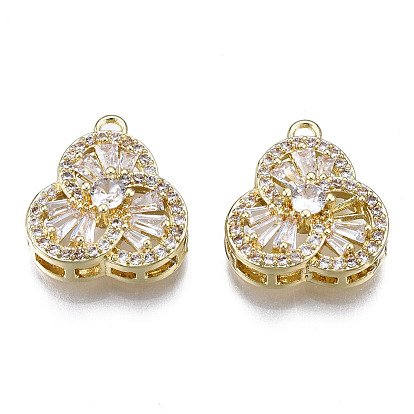 Brass Micro Pave Clear Cubic Zirconia Pendants, Cadmium Free & Nickel Free & Lead Free, Flower