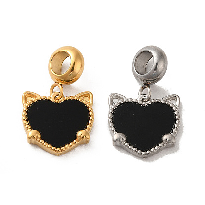 304 Stainless Steel European Dangle Charms, Large Hole Pendants with Black Heart Shaped Acrylic, Cat Head