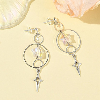Glass & Brass Dangle Stud Earrings, Star, 304 Stainless Steel Stud Earrings for Women