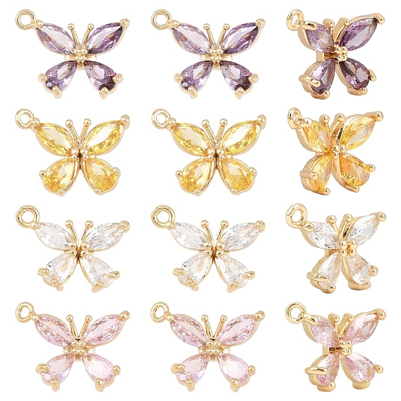 4 шт 4 цвета кулоны из латуни, микропаве, циркония, бабочка, реальный 18 k позолоченный