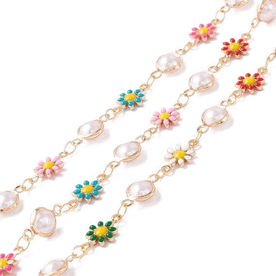 Латунные цепочки из бисера, со стеклянным жемчугом и эмалевыми цветочными звеньями, пайки, с катушкой, без свинца и без кадмия, золотые