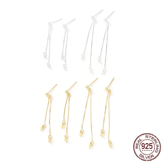 925 Sterling Silver Stud Earring Findings, Long Chain Tassel with Double Peg Bails, for Half Drilled Beads