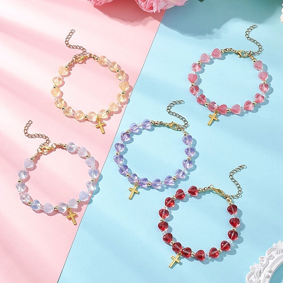 Браслеты из сплава с подвесками в виде креста, Эластичные браслеты из стеклянных бусин в форме сердца для женщин