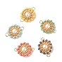 Shell Pearl Glass Seed Beads Connector Charms, with Golden Tone 304 Stainless Steel Loops, Flat Round