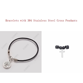 Cowhide Leather Cord Bracelets, with Alloy and 304 Stainless Steel Cross Pendants