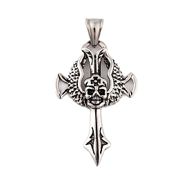 304 Stainless Steel Pendants, Cross with Wing & Skull Charm