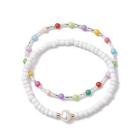 2шт 2 стили жемчуга и 4мм круглые стеклянные эластичные браслеты из бисера, составные браслеты для женщин