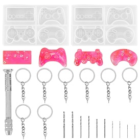 Olycraft DIY Keychain Makings Kits, Includes Gamepad Silicone Molds, Stainless Steel Hand Drill Bits Rotary Tools Set and Iron Split Key Rings