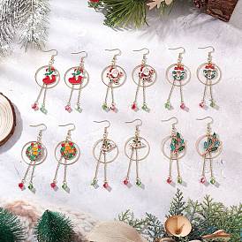 6 пары 6 стили серьги-подвески из сплава и эмали с рождественской тематикой, со стеклянными бусинами и 304 крючками для сережек из нержавеющей стали