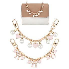 4 шт. 2 стили сплав розовая эмаль бант сердечки подвески сумки декоративные цепочки, с имитацией жемчуга из смолы и поворотными карабинами из сплава