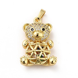 Brass Micro Pave Cubic Zirconia Pendants, Long-Lasting Plated, Real 18K Gold Plated, Bear