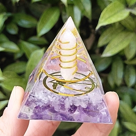 Orgonite Pyramid Resin Energy Generators, Reiki Wire Wrapped Natural Quartz Crystal Hexagonal Prism & Amethyst Chip Inside for Home Office Desk Decoration