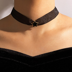 Black Oil Drip Pentagram Mesh Choker Necklace with Geometric Stars - Single Layered