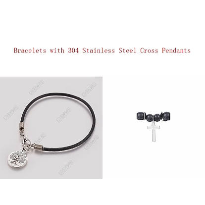 Cowhide Leather Cord Bracelets, with Alloy and 304 Stainless Steel Cross Pendants