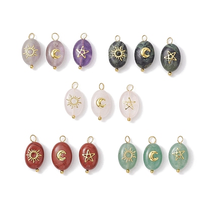 3Pcs Natural Mixed Gemstone Pendants, Oval Charms with Brass Sun & Moon & Star Slices, Golden
