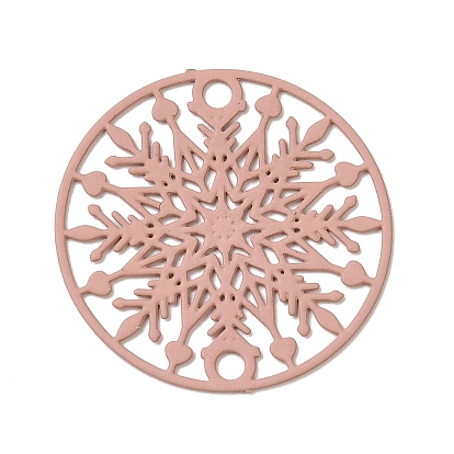 430 Stainless Steel Connector Charms, Etched Metal Embellishments, Flat Round with Snowflake Links