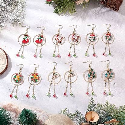 6 пары 6 стили серьги-подвески из сплава и эмали с рождественской тематикой, со стеклянными бусинами и 304 крючками для сережек из нержавеющей стали