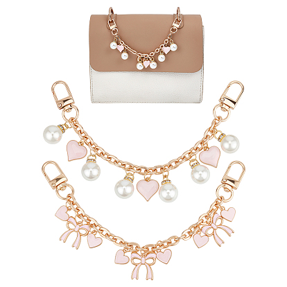 4 шт. 2 стили сплав розовая эмаль бант сердечки подвески сумки декоративные цепочки, с имитацией жемчуга из смолы и поворотными карабинами из сплава