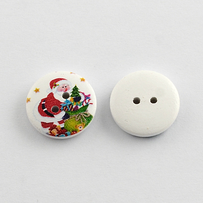 2-Hole Christmas Santa Claus Printed Wooden Buttons, Flat Round, 20x5mm, Hole: 2mm