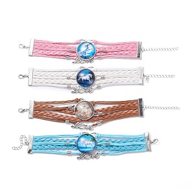 DIY Bracelet Making, Imitation Leather Multi-strand Bracelets Makings, with Alloy Flat Round Tray Settings and Clear Glass Cabochons