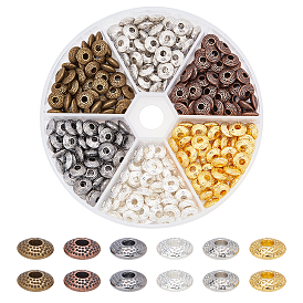 300Pcs 6 Colors Tibetan Style Alloy Spacer Beads, Lead Free & Cadmium Free, Flat Round