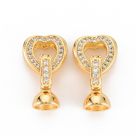 Brass Micro Pave Clear Cubic Zirconia Fold Over Clasps, Nickel Free, Heart