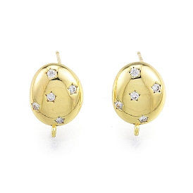 Brass Micro Pave Clear Cubic Zirconia Stud Earring Findings, with Vertical Loops, Nickel Free, Oval with Star Pattern