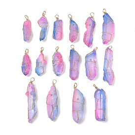 16 шт. гальванические необработанные грубые подвески из натурального кварца, Подвески-самородки в обертке из светлой позолоченной медной проволоки, граненые