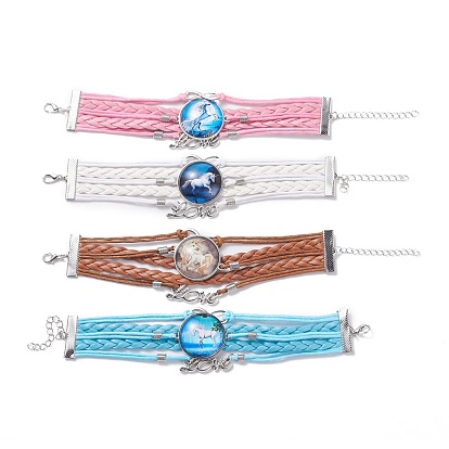 DIY Bracelet Making, Imitation Leather Multi-strand Bracelets Makings, with Alloy Flat Round Tray Settings and Clear Glass Cabochons