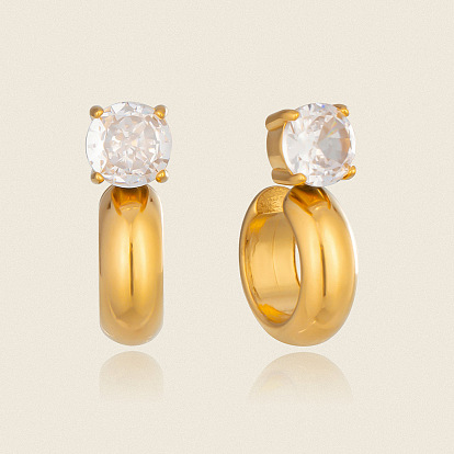 304 Stainless Steel Pave Clear Cubic Zirconia Round Cuff Earrings for Women