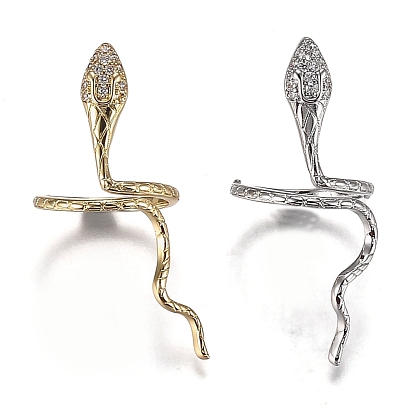Brass Micro Pave Clear Cubic Zirconia Cuff Rings, Open Rings, Wide Band Rings, Cadmium Free & Lead Free, Snake