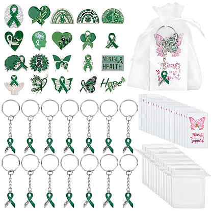 20 Наборы из эмалированного сплава с железным брелком и брошами, подарочными пакетами из органзы и бумажными открытками для повышения осведомленности о психическом здоровье, разнообразные, платина