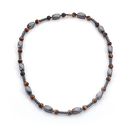 Non-magnétiques perles d'hématite synthétique colliers, avec fermoirs magnétiques en laiton et pierre précieuse naturelle