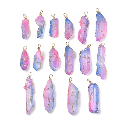 16 шт. гальванические необработанные грубые подвески из натурального кварца, Подвески-самородки в обертке из светлой позолоченной медной проволоки, граненые