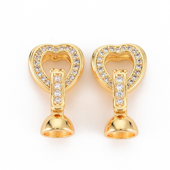Brass Micro Pave Clear Cubic Zirconia Fold Over Clasps, Nickel Free, Heart