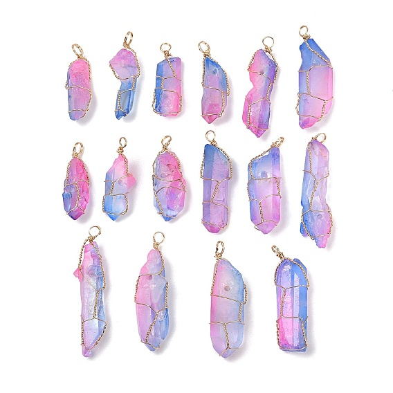 16 шт. гальванические необработанные грубые подвески из натурального кварца, Подвески-самородки в обертке из светлой позолоченной медной проволоки, граненые