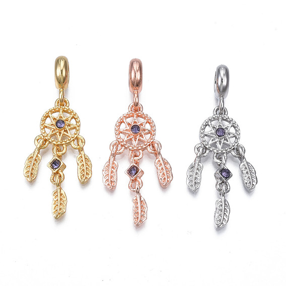 Rack Plating Alloy European Dangle Charms, with Tanzanite Rhinestone, Large Hole Beads, Cadmium Free & Lead Free, Woven Net/Web with Feather