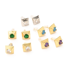 Brass Micro Pave Cubic Zirconia Stud Earrings, Real 18K Gold Plated, Square