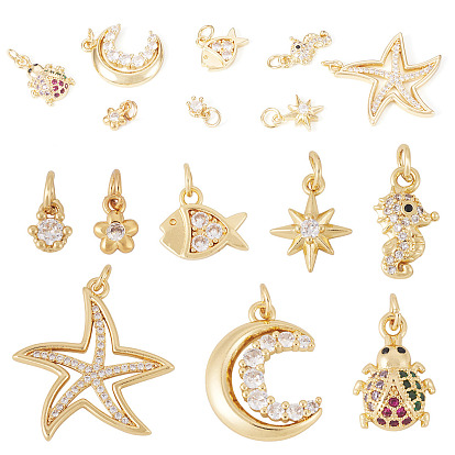 8 шт 8 стили латунные подвески из микропаве с фианитом, прелести смешанных форм, стойки покрытие, долговечный, без кадмия и без свинца, с целью перехода в кольце